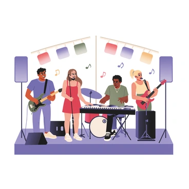 A digital flat illustration featuring a band of four musicians performing on a brightly lit stage. The first musician is a man with short black hair, wearing a blue shirt and playing an electric guitar. The second musician is a woman with long brown hair, dressed in a red dress, playing a keyboard. The third musician is a man with curly hair, wearing a green t-shirt and playing the drums. The fourth musician is a woman with blonde hair tied in a ponytail, wearing a yellow tank top, and singing into a microphone. Colorful stage lights in red, blue, and green illuminate the scene, creating a vibrant atmosphere. There are musical notes floating around to represent the sound of their performance.