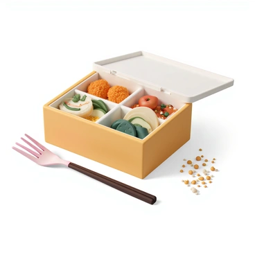 A colorful bento box made of wood, with a transparent lid slightly ajar. Inside the box, there are neatly arranged servings of "Maggi noodles" topped with green onions and a drizzle of soy sauce. On one side, there are "crispy tempura vegetables," including sweet potato and zucchini. Another section features "sliced fresh cucumbers" and "kimchi" in small, vibrant portions. The bento box is garnished with a sprinkle of sesame seeds and has a small fork beside it.