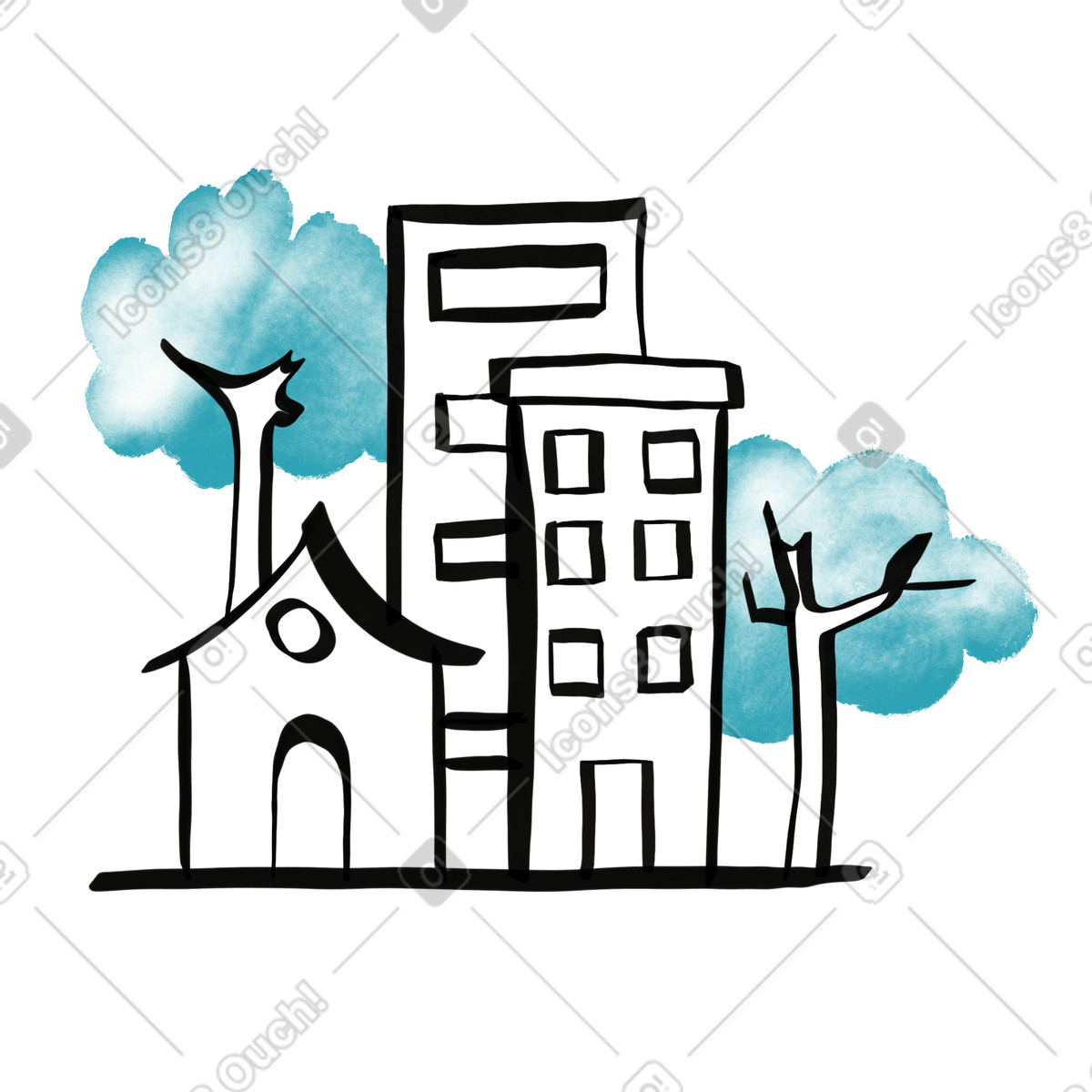 Иллюстрация Buildings house apartment trees creating simple urban neighborhood skyline drawing в стиле Watercolor sketch — скачать в форматах PNG, SVG
