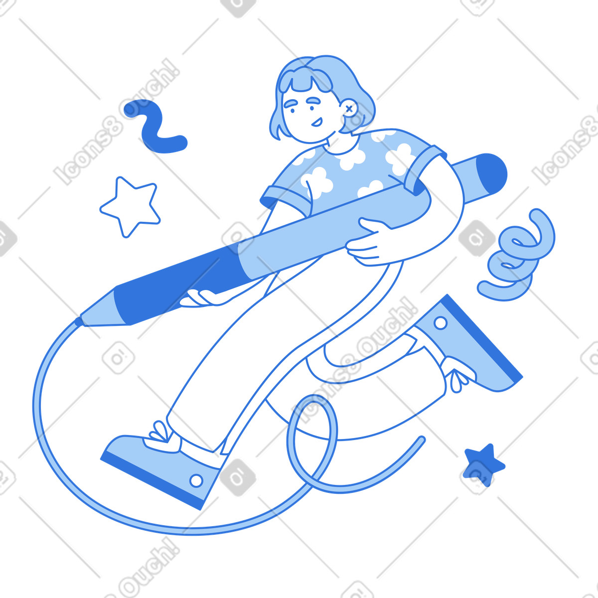 Ilustración Illustrator dibujando una línea con un lápiz, desarrollo de contenido creativo, generación ideas y lluvia en estilo Sky a descargar en PNG SVG