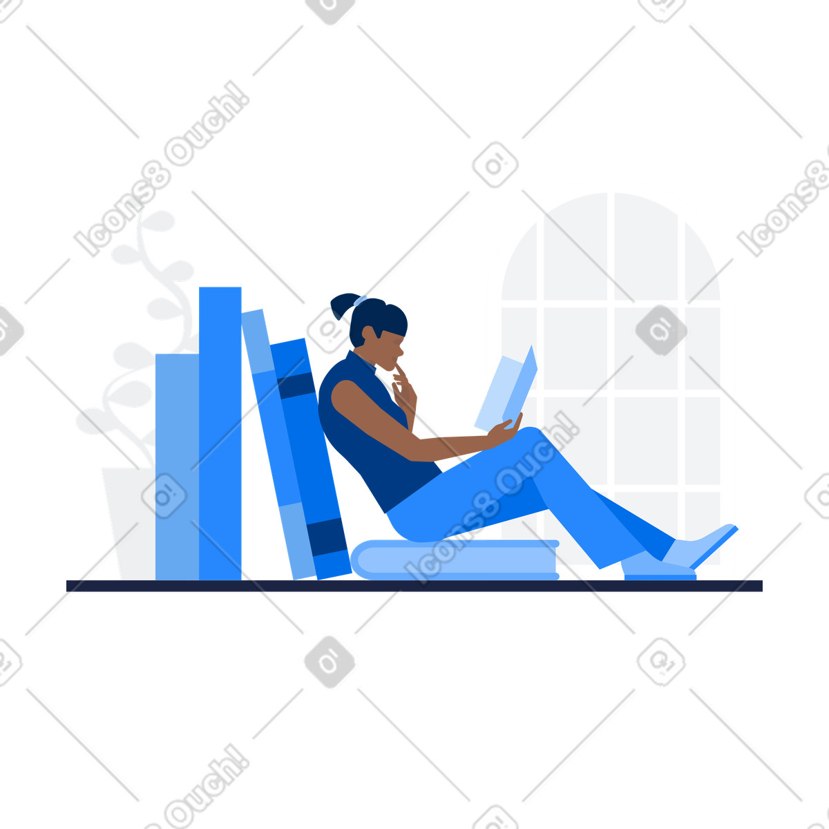 Reader immersed in a book illustration clipart image representing self-education and leisure in PNG SVG GIF