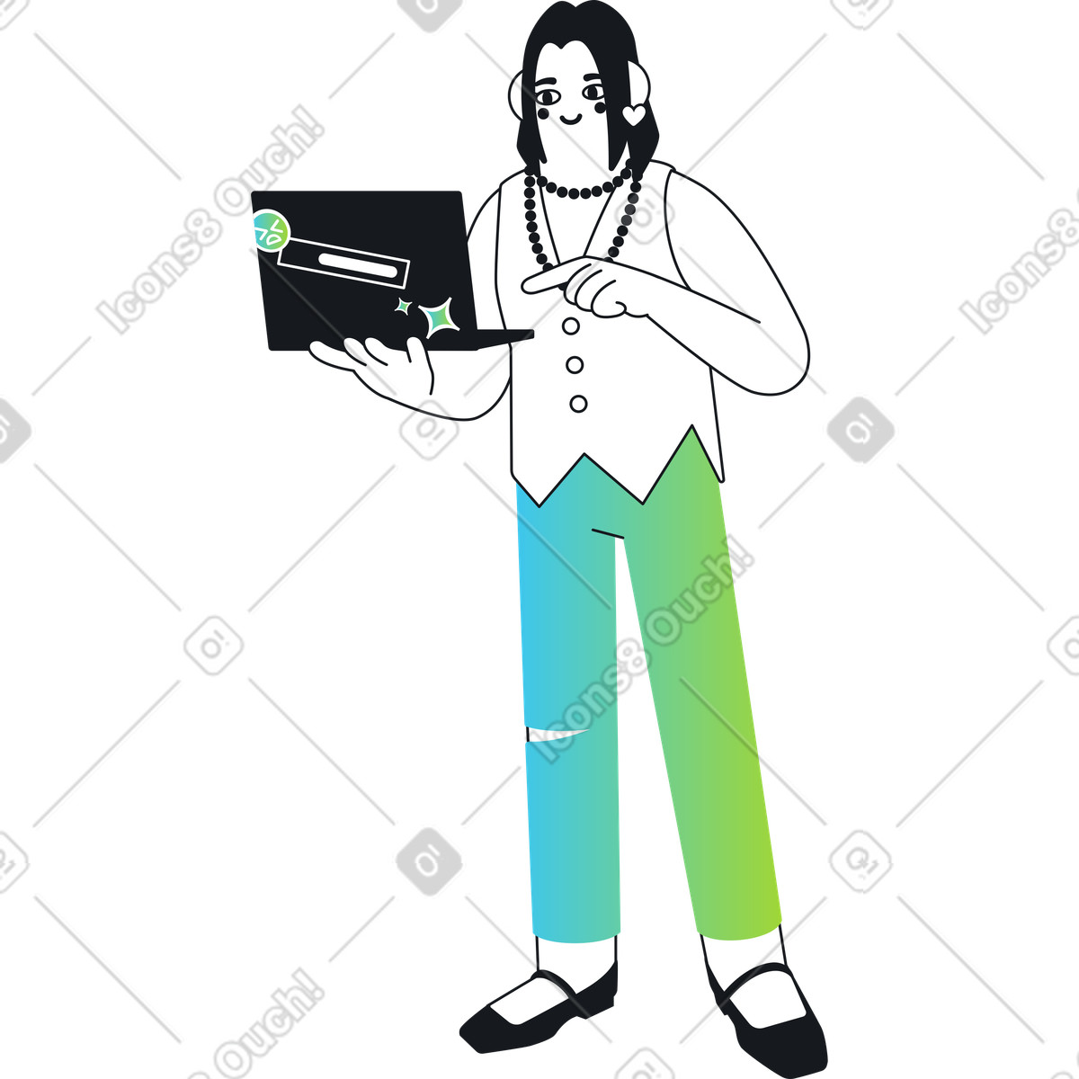Ilustración Mujer sosteniendo una computadora portátil y apuntándola en estilo Breeze a descargar en PNG SVG