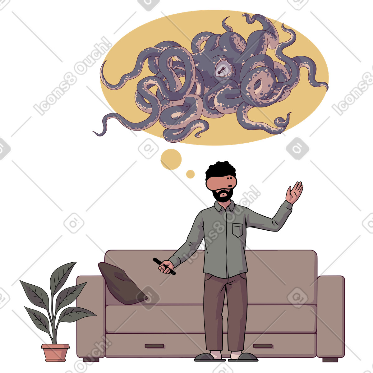 Illustration Un homme portant des lunettes de réalité virtuelle regarde monstre calmar géant dans le style Eastwood à télécharger aux formats PNG, SVG