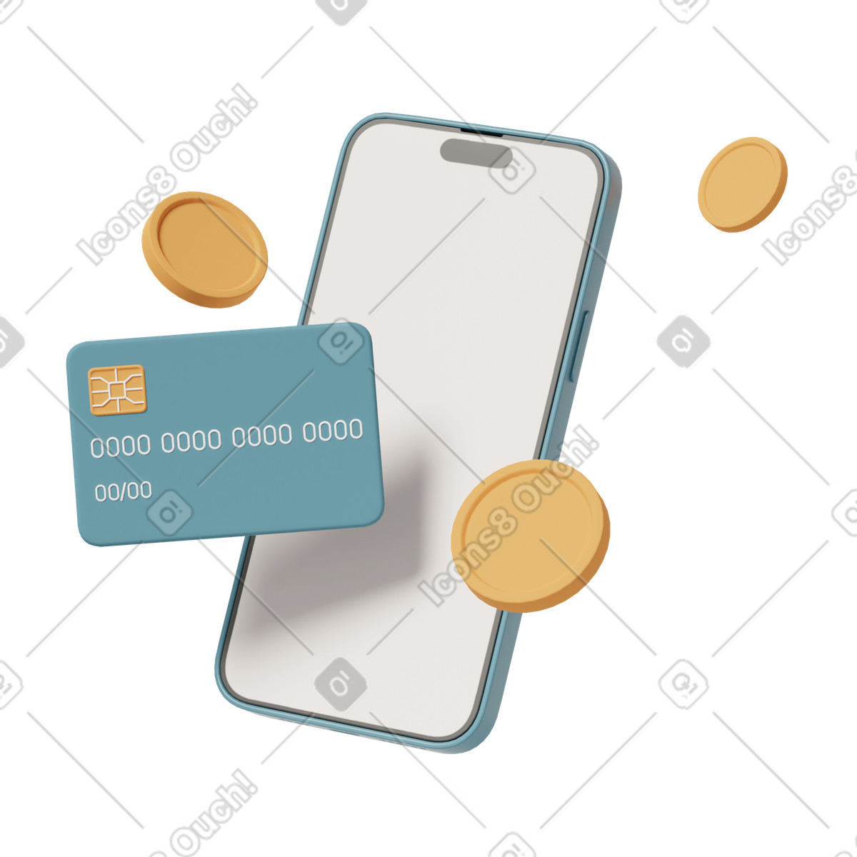 下载 3D Casual life 风格的 Mobile credit card and coins 插画，支持 PNG、SVG 格式