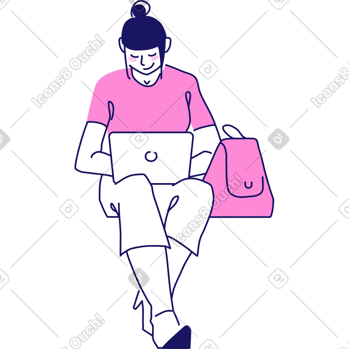 Seated woman working on laptop illustration in Matey style download in PNG, SVG