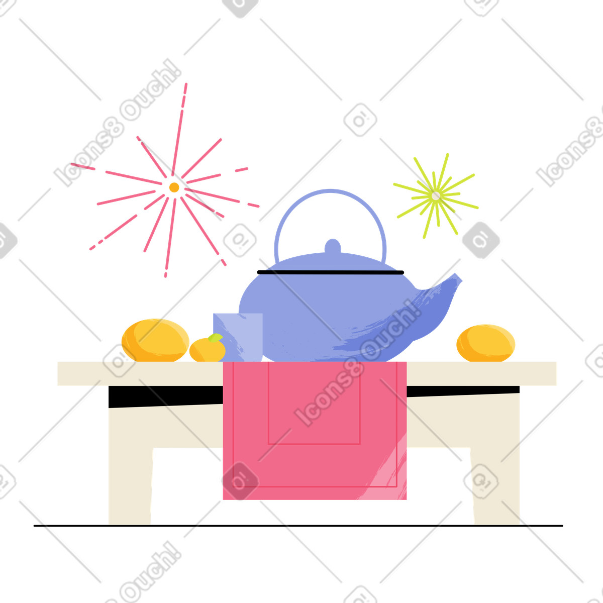 Tea ceremony with fireworks in background, Lunar New Year celebration illustrazione stile Juicy scarica PNG, SVG
