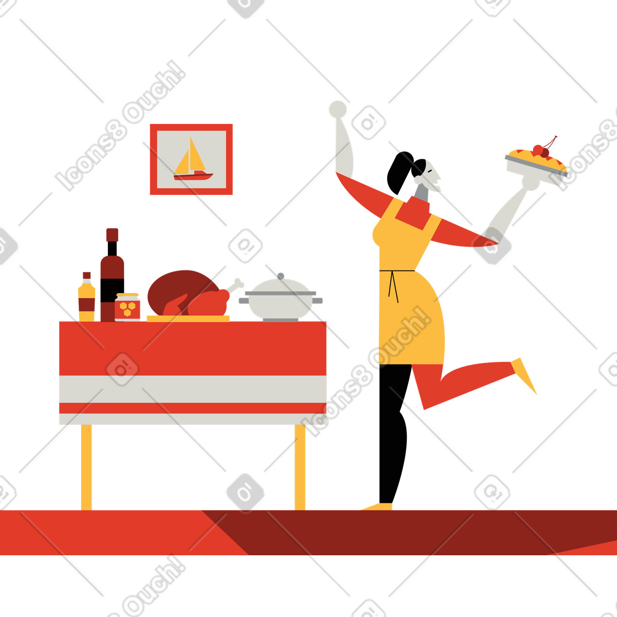 Woman setting the table for thanksgiving dinner illustration in Burgundy style download in PNG, SVG