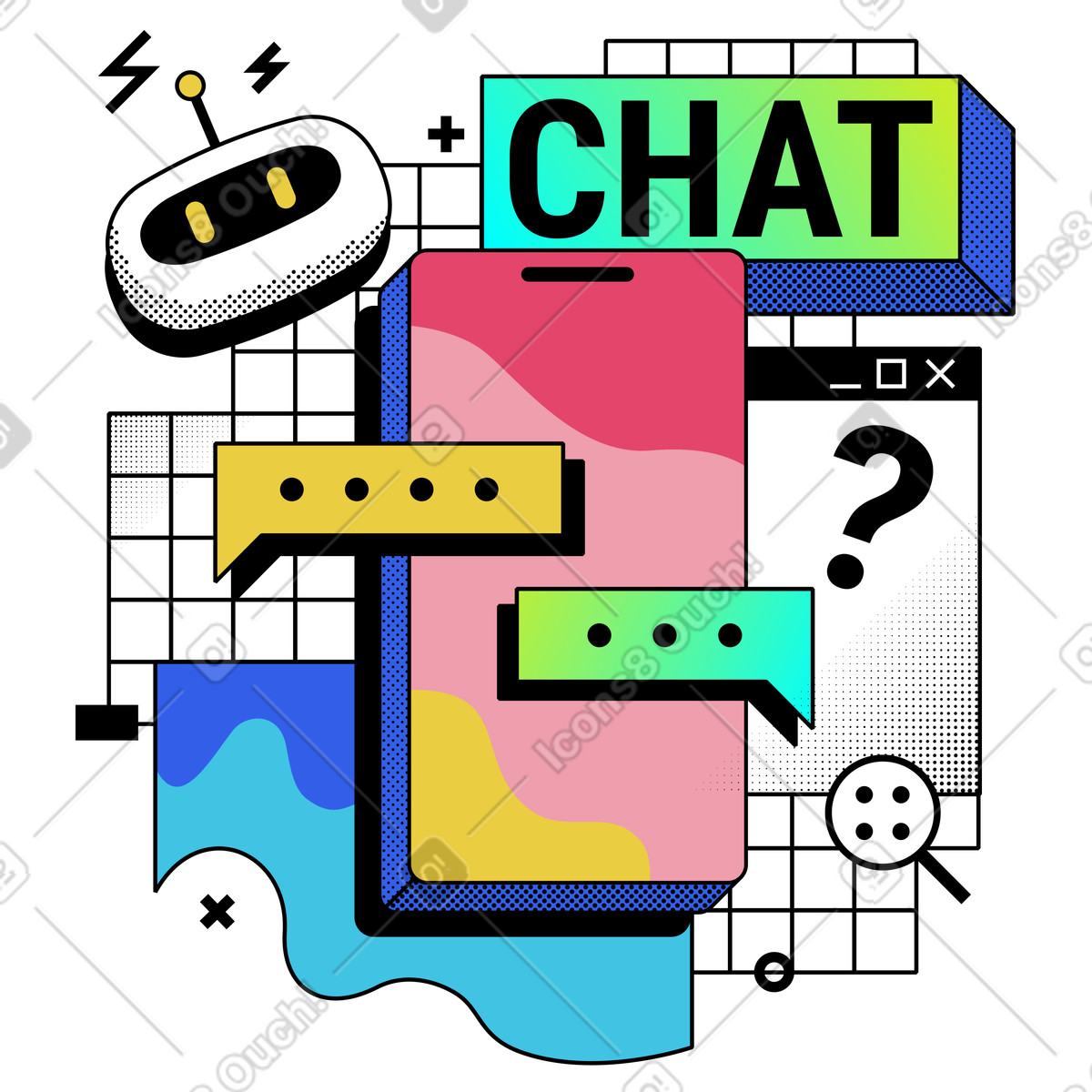Illustration Communiquer avec un chatbot par téléphone dans le style Memphis à télécharger aux formats PNG, SVG