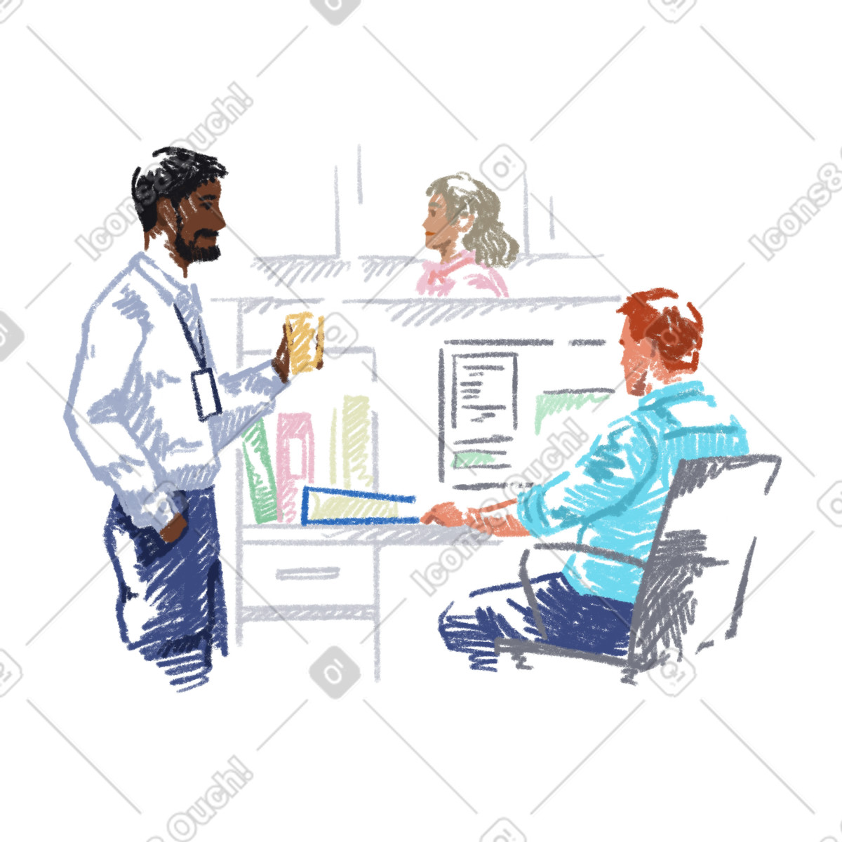 Two men talking in the office illustration Sketchbook style download PNG, SVG