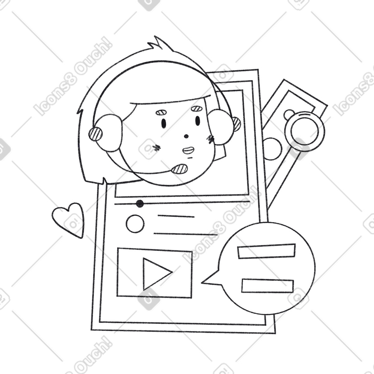 Blogger with headphones streaming online, Influencer content creation illustration in Bonbon Line style download in PNG, SVG