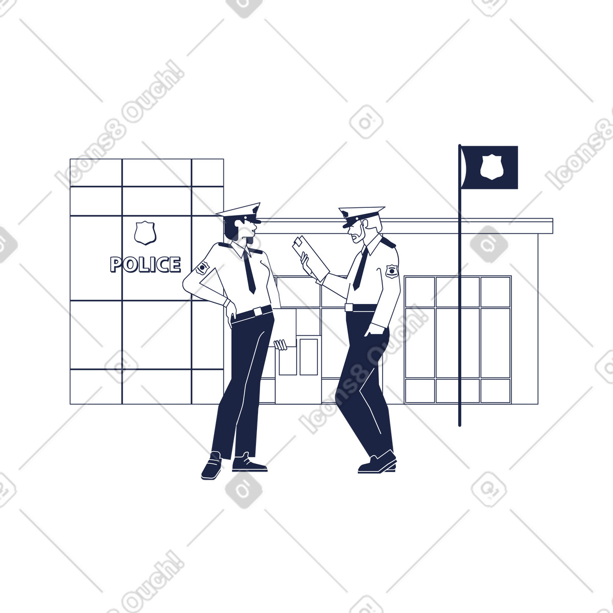Beamte stehen in der nähe polizeistation-Illustration im Urban Line-Stil als Download PNG, SVG
