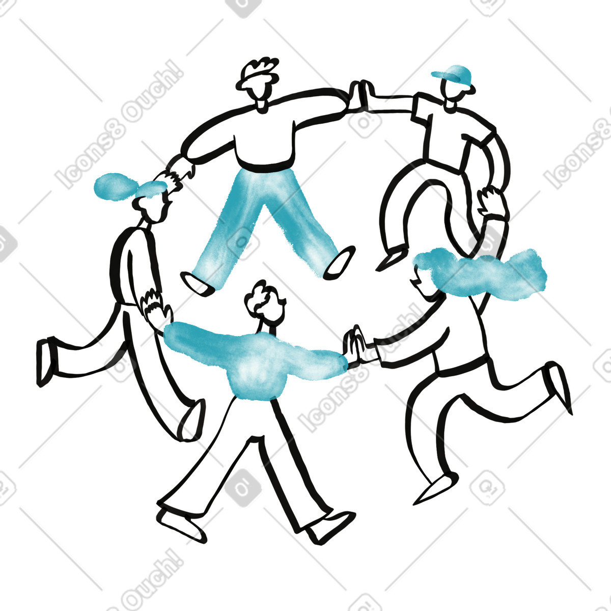 Watercolor sketch スタイルの Community circle holding hands dancing together in cooperative supportive group のイラストをPNG、SVG形式でダウンロード