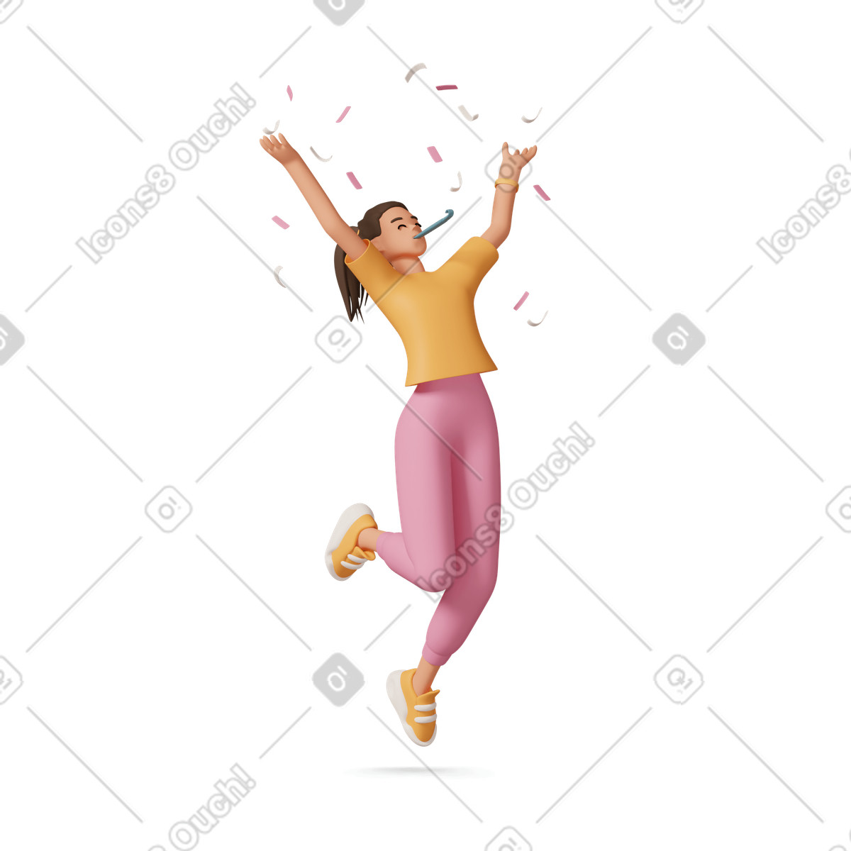 Happy woman jumping with confetti illustration in 3D Casual life style download in PNG, SVG