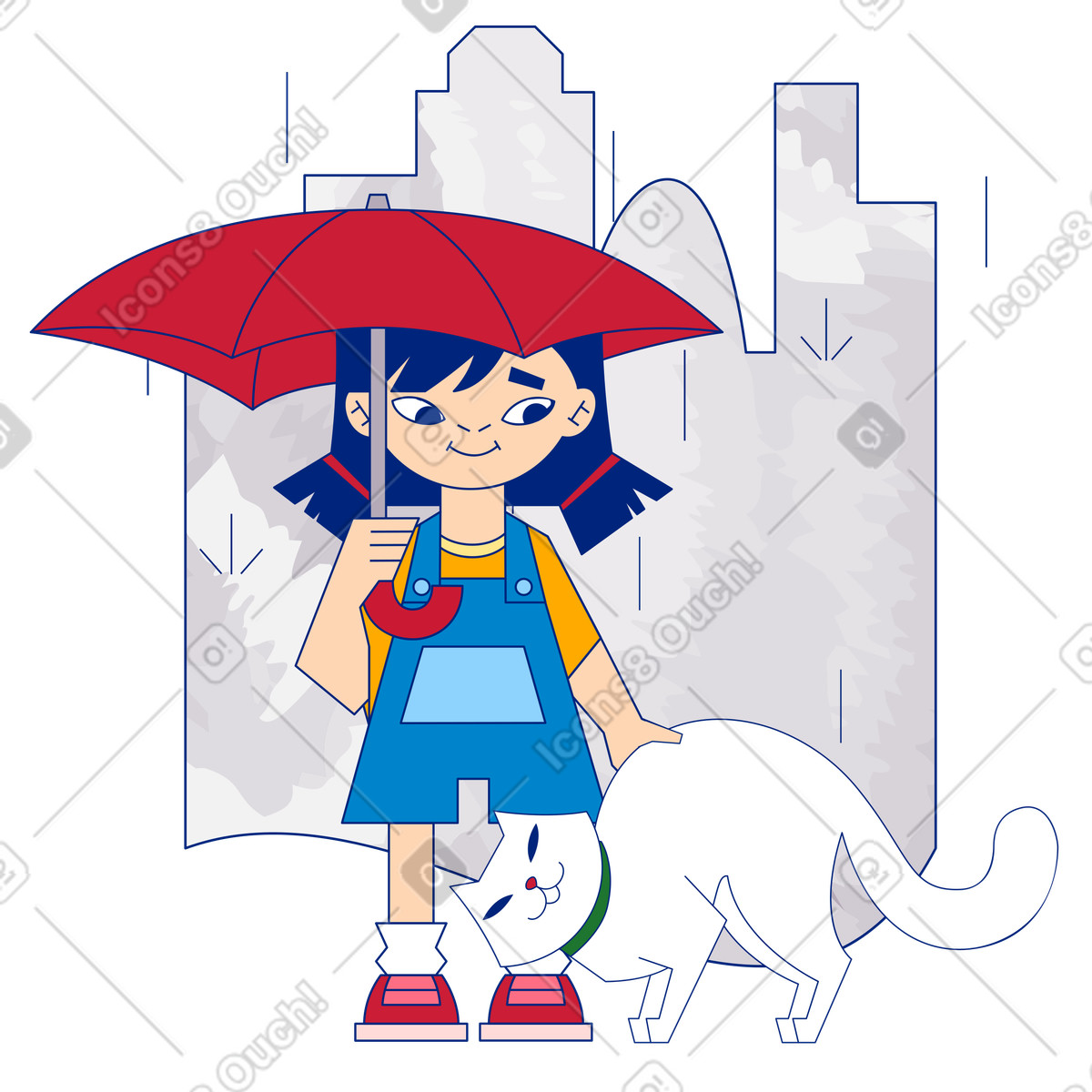 Neo-Sakura スタイルの 雨に隠れる女の子と猫 のイラストをPNG、SVG形式でダウンロード