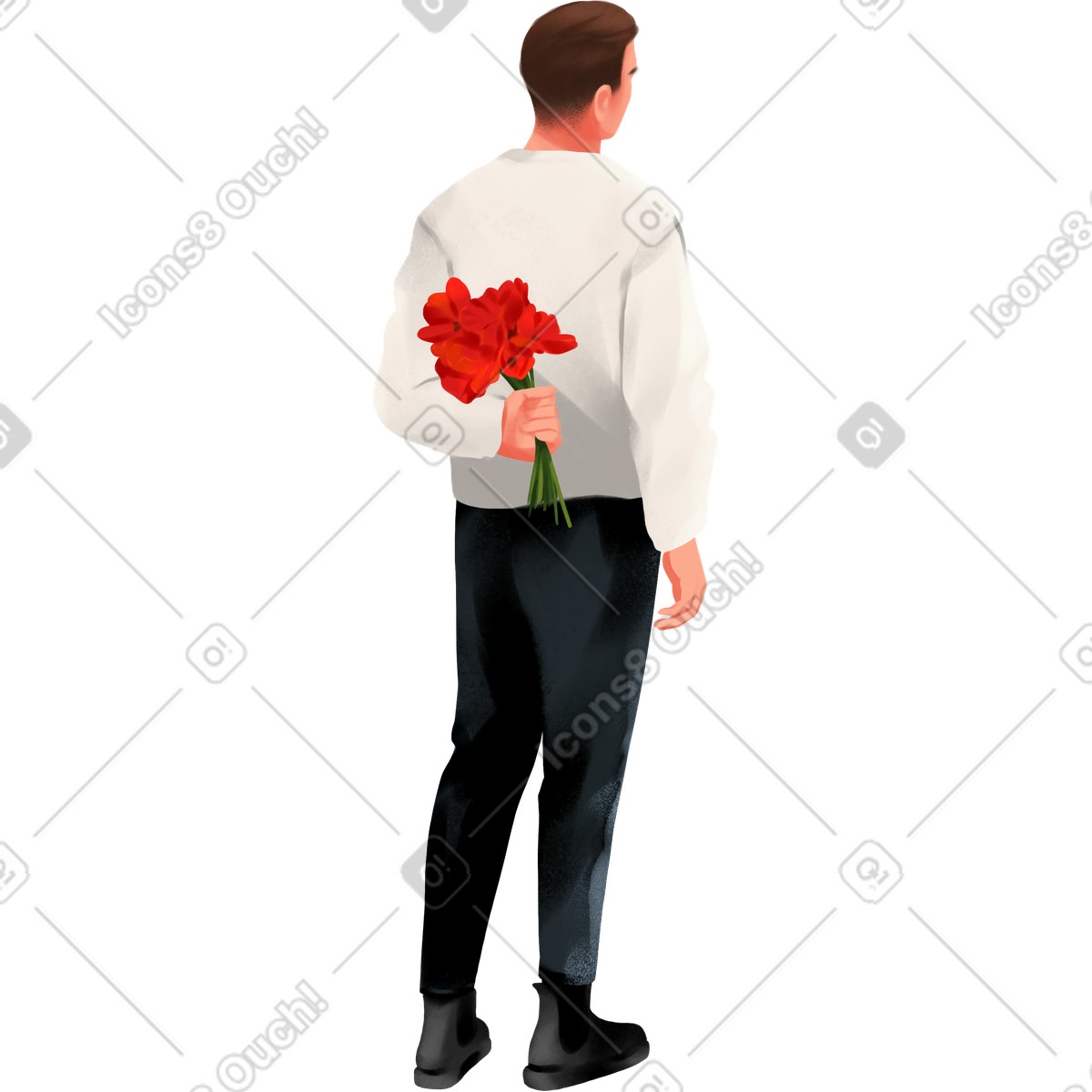Man with a bouquet of flowers behind him-Illustration im Demure-Stil als Download in PNG, SVG