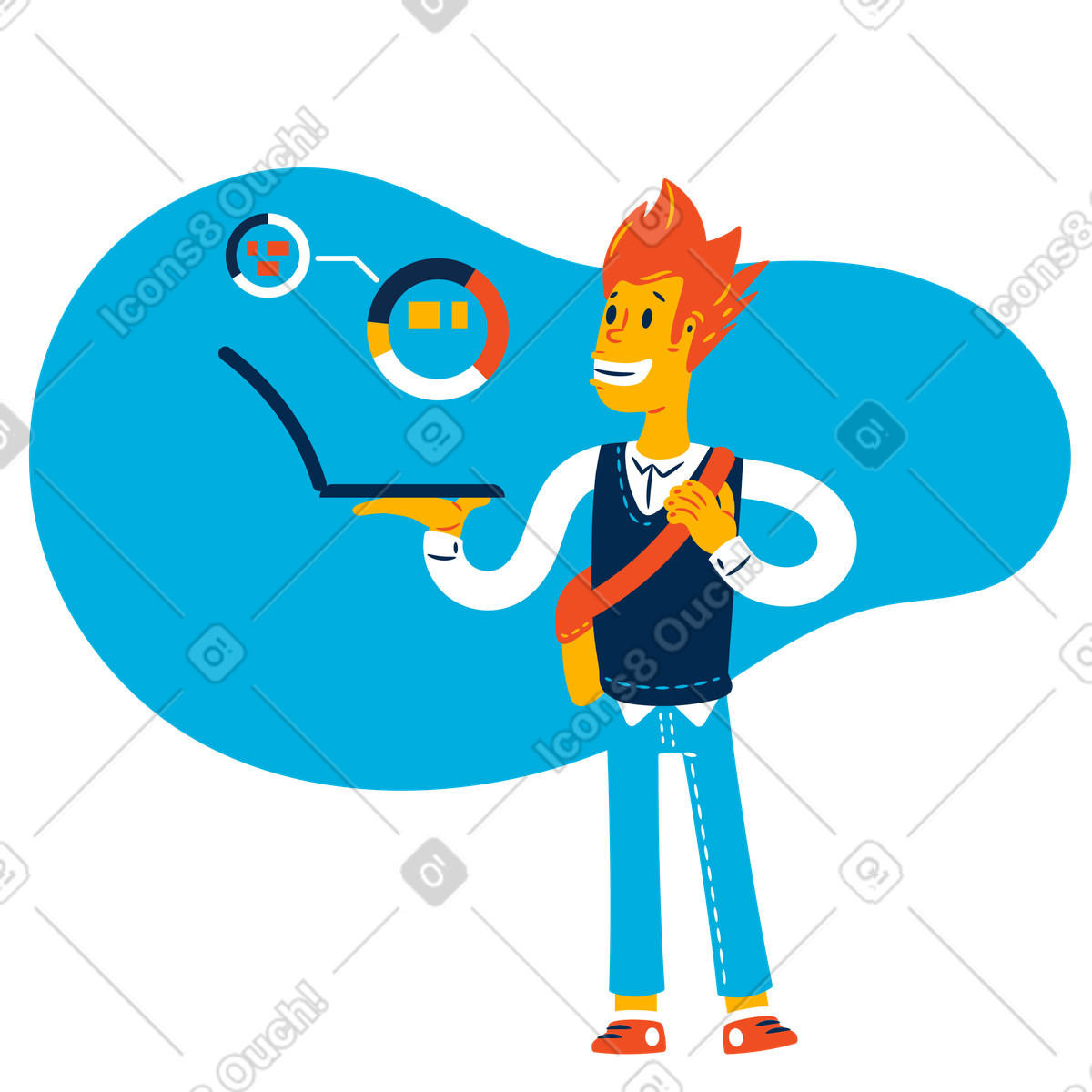 Mann mit laptop überprüft geschäftsdiagramme und statistiken-Illustration im Flame-Stil als Download in PNG, SVG