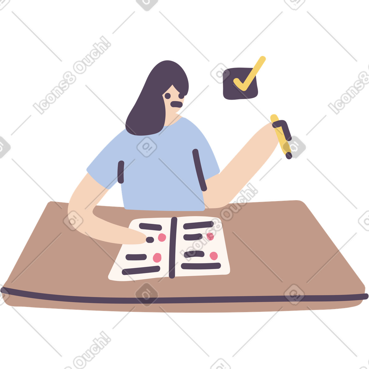 A woman sitting at a table with a book and a pencil illustration in Pluto style download in PNG, SVG