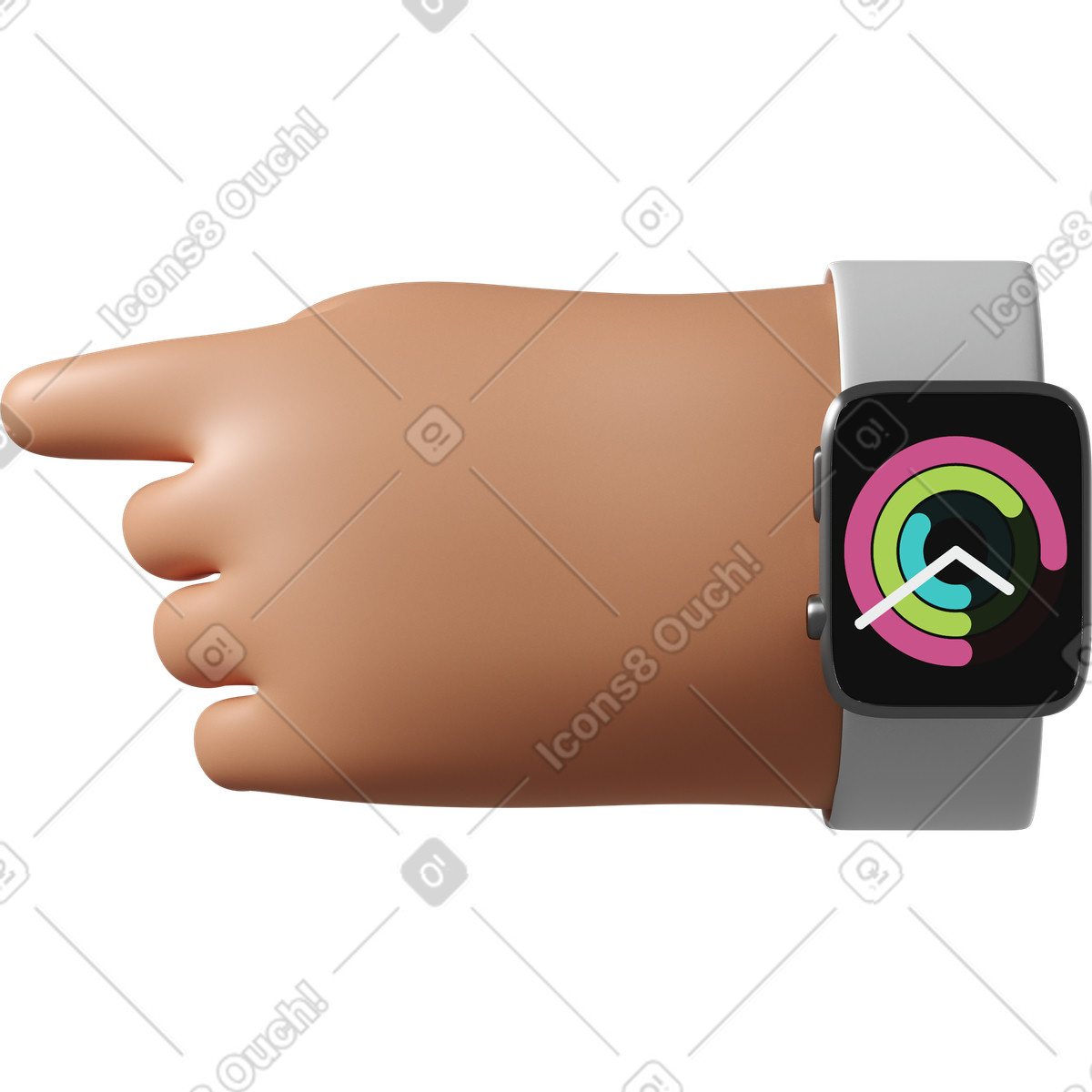 Tanned skin hand with smartwatch turned on pointing left illustration in 3D Hands Fun&Wild style download in PNG, SVG