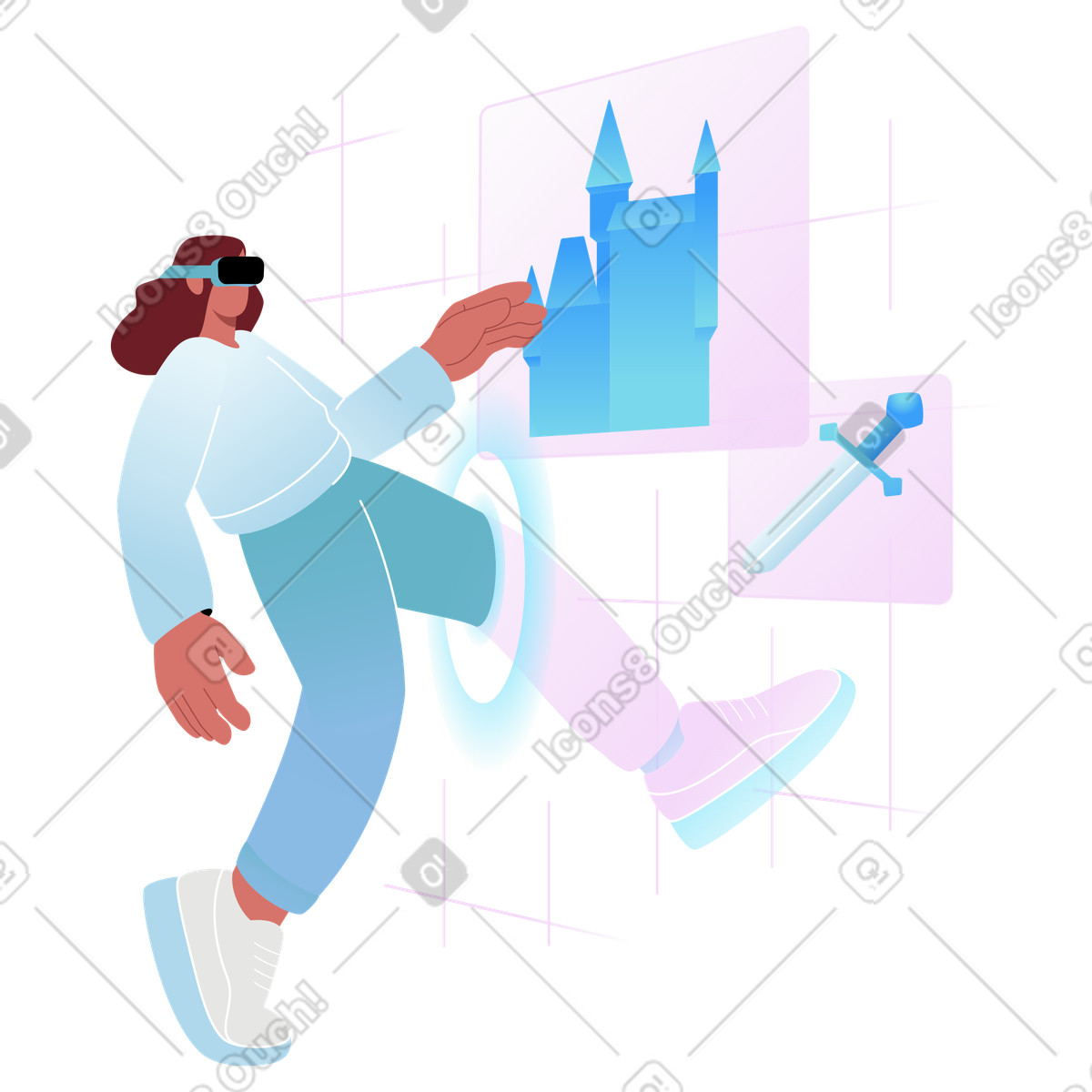 Airy 스타일의 Playing adventure game in virtual reality, Digital gaming experience VR 일러스트레이션 PNG, SVG 다운로드