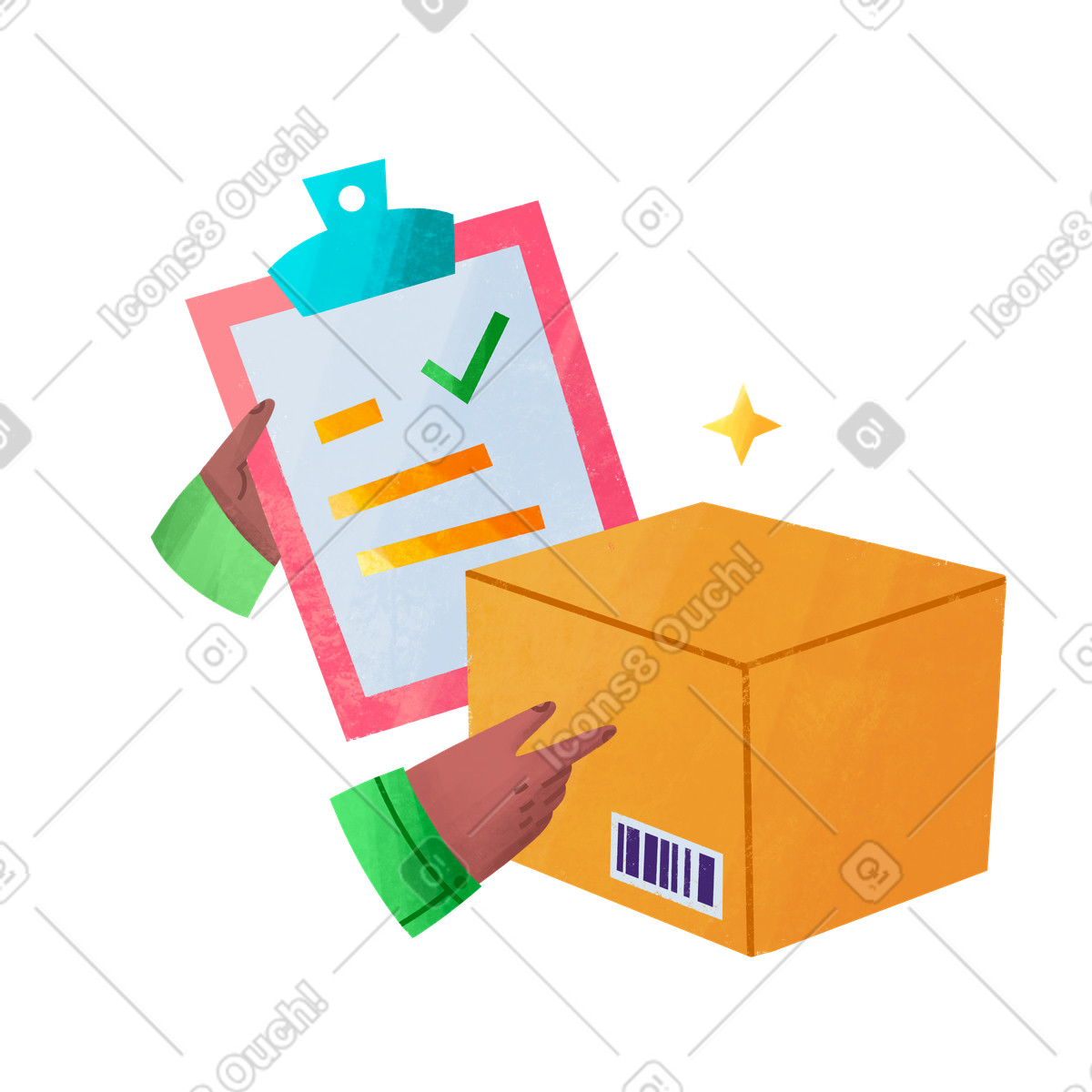 Shipping documentation with courier verifying checklist and package illustration in Bonbon style download in PNG, SVG