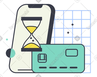 Mobile phone and credit card with hourglass, Digital payment pending or processing PNG, SVG