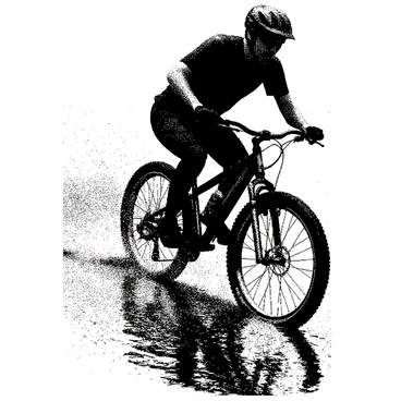 A BMX biker is pedaling aggressively through a series of large puddles on a wet, rainy day. The biker is wearing a helmet and protective gear, and their BMX bike has thick tires, kicking up splashes of water around them. The surface beneath the bike is dark and reflective, showing the distorted reflections of the surrounding environment. Raindrops are falling from the sky, creating ripples in the puddles and adding to the dynamic energy of the scene. The biker's focused expression conveys determination as they navigate through the water.