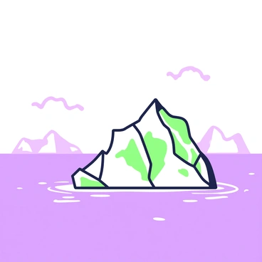A solitary iceberg floats in the center of a vast sea. The iceberg is large and jagged, with various peaks and crags protruding from its surface. The sea surrounding it is calm, with gentle ripples visible on the water's surface. Above, a clear sky stretches out, devoid of clouds. The sunlight creates reflections on the water, highlighting the serene nature of the scene. In the distance, faint outlines of other icebergs can be seen, adding to the sense of isolation.