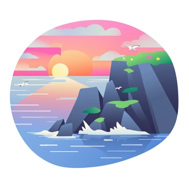 A dramatic cliff with rugged, jagged edges towers over a vast ocean. The cliff is covered with patches of green grass and small wildflowers. In the background, the sky is filled with vibrant colors, showcasing vivid oranges, pinks, and purples as the sun sets on the horizon. The ocean below reflects these colors, creating a shimmering effect on the water's surface. Gentle waves can be seen lapping against the base of the cliff, with a few seagulls flying in the distance.