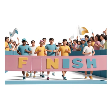 A group of runners, wearing colorful athletic clothing, is crossing the finish line of a marathon. Each runner displays a look of determination and excitement. The finish line is marked by a large, colorful banner reading "FINISH" in bold letters. In the background, a crowd of spectators is cheering with raised arms, some waving flags and holding signs of encouragement. The scene captures the energy and emotion of the moment, with bright sunlight illuminating the participants and the crowd.