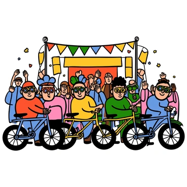 A vibrant music festival scene with colorful banners and a crowded atmosphere. In the foreground, there are several bicycles lined up, showcasing various designs and bright colors. The riders are standing next to their bikes, wearing funky, oversized glasses in bold patterns. Some riders have distinctive hairstyles, including multicolored hair and unique headwear. The background features a stage with musicians performing, and festival-goers dancing and enjoying the lively environment.