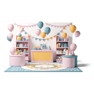 A store interior filled with "brightly colored helium balloons" in various shapes and sizes, floating near the ceiling. The walls are adorned with "festive decorations" including streamers and banners in vibrant colors. At the center, there are displays of "party supplies" such as colorful tableware and party hats. The floor is covered with a cheerful, patterned rug that complements the decorations. Soft lighting illuminates the scene, enhancing the lively atmosphere of the store.