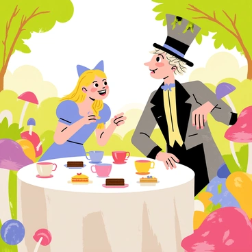 Alice, a young girl with blonde hair wearing a blue dress, is seated at a whimsical round table. She is sharing a laugh with the Mad Hatter, who has wild, messy hair and is dressed in a classic top hat and a patchwork suit. The table is adorned with an assortment of colorful teacups and plates filled with treats, including cakes and sandwiches. Surrounding them are vibrant flowers and large, oversized mushrooms, adding to the playful atmosphere of the scene. The sunlight filters through the trees, casting a warm glow on their cheerful expressions as they enjoy their tea party.