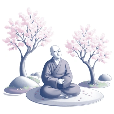 A monk dressed in traditional robes sits cross-legged on a stone path. The monk's eyes are closed in deep meditation, conveying a sense of calm and focus. Surrounding the monk is a tranquil garden filled with delicate cherry blossom trees, their branches gently arching and covered with blooming flowers. The ground is scattered with fallen petals, creating a soft carpet of pink and white. In the background, there are smooth stones and carefully arranged greenery that enhance the serenity of the scene. The atmosphere is still and reflective, emphasizing the hermit's harmony with nature.