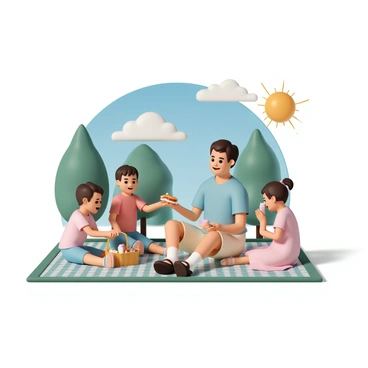 A man, wearing a light blue shirt, beige shorts, and brown sandals, is sitting on a checkered picnic blanket in a park. He is smiling and holding a sandwich in one hand. Next to him, there are two children, a boy and a girl, enjoying snacks from a basket. The boy, wearing a red t-shirt and blue shorts, is laughing, while the girl, dressed in a pink dress, is reaching for a juice box. In the background, there are green trees and a bright blue sky with a few fluffy clouds. The sun is shining down, creating a warm atmosphere.