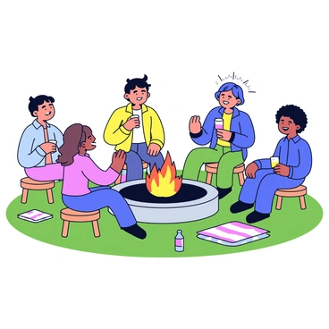 A circular firepit made of stone sits in the center of a grassy backyard. Surrounding the firepit are four friends, each sitting on simple wooden stools. One friend is holding a drink in a clear glass, while another has a colorful bottle on the ground next to them. The friends are animatedly sharing stories and laughing. The fire in the pit flickers with bright orange flames, casting a warm glow on their faces. A few scattered blankets are laid on the grass nearby.