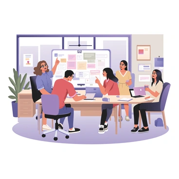 A digital flat illustration depicting a lively tech startup office filled with young entrepreneurs engaged in brainstorming ideas. The office features large windows allowing natural light to fill the space, with plants placed in various corners. In the center, a group of three individuals is gathered around a whiteboard covered in colorful sticky notes and diagrams. The first person is a woman with curly brown hair, wearing a casual blue shirt and glasses, enthusiastically pointing at the board. The second person is a man with short black hair, wearing a red t-shirt and jeans, taking notes on a laptop. The third person is a woman with straight black hair, dressed in a yellow dress, holding a coffee cup and listening intently. Around them are desks with scattered papers, a few laptops, and a wall adorned with inspiring posters. A sense of collaboration and creativity fills the atmosphere.