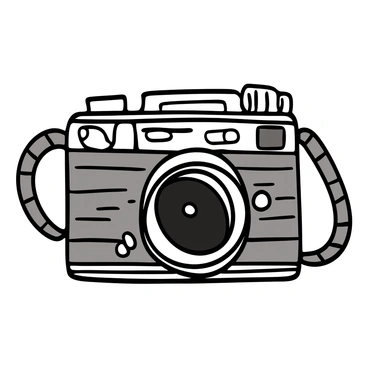 A classic vintage camera featuring intricate details and embellishments. The camera body is rectangular with a textured surface, showcasing knobs and dials, along with a prominent lens in the center. The lens is round, reflecting light, and the viewfinder is positioned on top. The camera has a strap attached to either side, adding to its vintage charm. The line art emphasizes the contours and features of the camera, creating a sense of depth and realism.