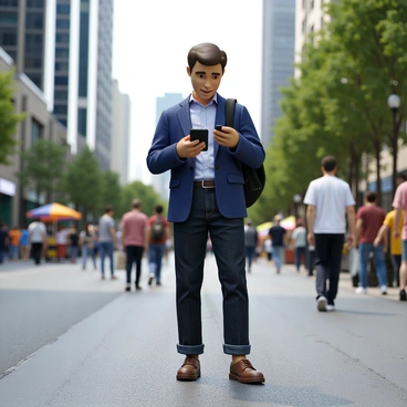 A trader with short brown hair, wearing a blue blazer and dark jeans, is holding a smartphone in their right hand, looking focused on the screen. They are wearing a black backpack slung over one shoulder. The busy street is filled with people, including pedestrians walking in various directions and some street vendors with colorful stalls. Skyscrapers and storefronts line the background, while a few trees provide greenery along the sidewalk. The sky is clear, indicating a bright day.