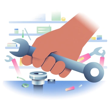 A hand with light brown skin is gripping a metallic wrench. The wrench is positioned over a shiny, silver bolt that is partially embedded in a textured surface. The fingers of the hand are wrapped firmly around the wrench, showcasing defined knuckles and a slight sheen of sweat. The background features a cluttered workbench with various tools scattered around, including pliers and a screwdriver, creating a workshop atmosphere. The bolt is reflecting light, indicating it is in the process of being tightened.