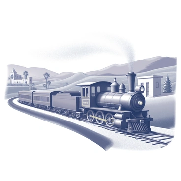 A vintage wooden train is moving along a curved track. The train features ornate details, with polished wooden carriages and brass accents. In the distance, the landscape shows rolling hills covered with lush greenery and dotted with traditional stone structures. There are tall palm trees swaying gently, and a clear sky stretches above. The train puffs clouds of steam as it progresses through this picturesque setting, capturing the essence of a journey through Mallorca's beautiful scenery.