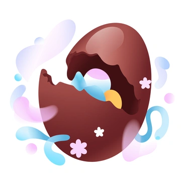A close-up of a chocolate Easter egg being opened, with the shell cracking to reveal a small toy nestled inside. The chocolate has a glossy finish, reflecting soft light, and pieces of the shell are breaking away. The small toy inside is brightly colored, contrasting sharply with the rich, dark brown of the chocolate. Surrounding the egg, there are colorful Easter-themed decorations like pastel-colored ribbons and small flowers. The background features a soft gradient of pastel colors, enhancing the festive atmosphere.