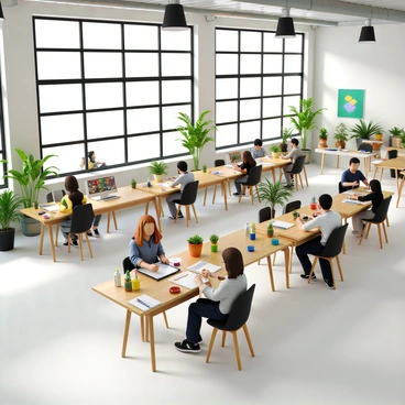 The interior of an open-plan creative space with large windows allowing natural light to flood the area. Several illustrators are focused on their work at long communal tables, each equipped with sketchbooks, pencils, and digital tablets. Colorful art supplies are scattered around, including paint tubes, brushes, and markers. Various indoor plants are positioned throughout the space, adding greenery and a fresh atmosphere. The walls are adorned with vibrant artwork, creating an inspiring environment for creativity.