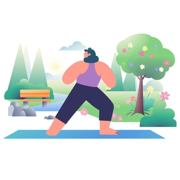 A person with dark hair is practicing yoga in a tranquil garden. They are wearing a fitted purple tank top and black leggings, standing in a warrior pose. The garden is filled with lush green plants, colorful flowers, and tall trees creating a serene environment. A small stone path winds through the garden, leading to a wooden bench under a flowering tree. Sunlight filters through the leaves, casting soft shadows on the ground. In the background, a gentle stream flows, adding to the peaceful atmosphere.