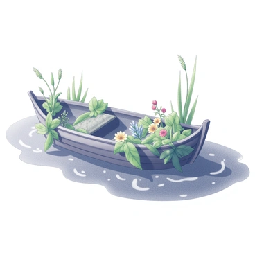 A boat constructed entirely from leaves and flowers is gently floating on a stream. The leaves are intricately arranged, mimicking the shape of a small vessel, while vibrant flowers are scattered throughout, adding texture and interest. The stream flows smoothly, reflecting the intricate details of the boat. Small ripples emanate from the sides of the boat as it glides along the water's surface, surrounded by a lush green landscape adorned with various plants and foliage.