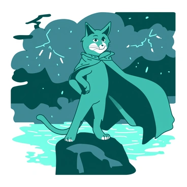 A teal Puss in Boots stands confidently on a rocky outcrop during a stormy night. The wind is vigorously blowing through his long, flowing cape, causing it to flutter dramatically behind him. Rain is pouring down, creating small splashes on the ground around him. Dark, swirling clouds fill the sky, and occasional flashes of lightning illuminate the scene. Puss's determined expression and poised stance convey his bravery as he faces the elements head-on.