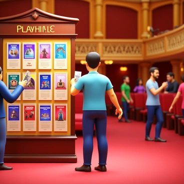 A theater lobby with elegant decor and warm lighting. A patron is standing in front of a display of colorful playbills. The patron is casually dressed, holding a playbill in one hand while glancing at others. Various playbills feature vibrant artwork and titles of upcoming shows. In the background, there are other patrons mingling and chatting, with plush seating and ornate detailing on the walls. The atmosphere is filled with anticipation as the show is about to begin.
