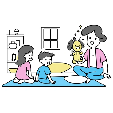 A babysitter, wearing a colorful shirt and jeans, is sitting on a soft rug. She holds a vibrant puppet with a big smile, engaging a group of children sitting in front of her. The children, two boys and a girl, have wide eyes and big smiles, with one boy wearing a blue t-shirt and the girl wearing a pink dress. The room is cozy, with a bookshelf filled with children's books in the background and soft pillows scattered around. A small window lets in warm light, illuminating the scene.