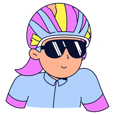 A close-up of a cyclist's face and upper body, showcasing a colorful helmet with bright patterns and a glossy finish. The cyclist is wearing dark goggles that reflect the surrounding environment. The cyclist's facial expression shows determination, with a hint of excitement. The background is softly blurred, emphasizing the cyclist's vibrant gear and focused demeanor.