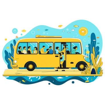 A bus with a glass floor is traveling along a road surrounded by a vibrant underwater landscape. The bus is filled with passengers gazing down through the transparent section, observing colorful fish swimming below. Coral reefs and various aquatic plants are visible through the glass floor, creating a lively and dynamic scene. The bus has large windows on the sides, allowing sunlight to filter in and illuminate the interior. Some passengers are leaning forward, pointing excitedly at the fish and underwater plants, while others are taking photos with their devices. The scene captures the excitement of exploring an underwater world from the comfort of the bus.