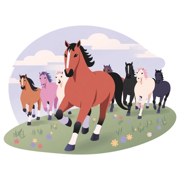 A majestic lead horse galloping at the front of a herd through a green meadow